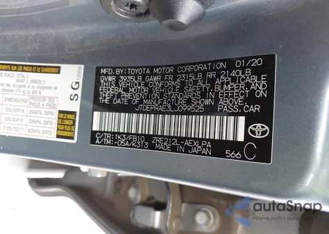 2020 Toyota Corolla Le from USA, damaged, VIN JTDEPRAE3LJ099525